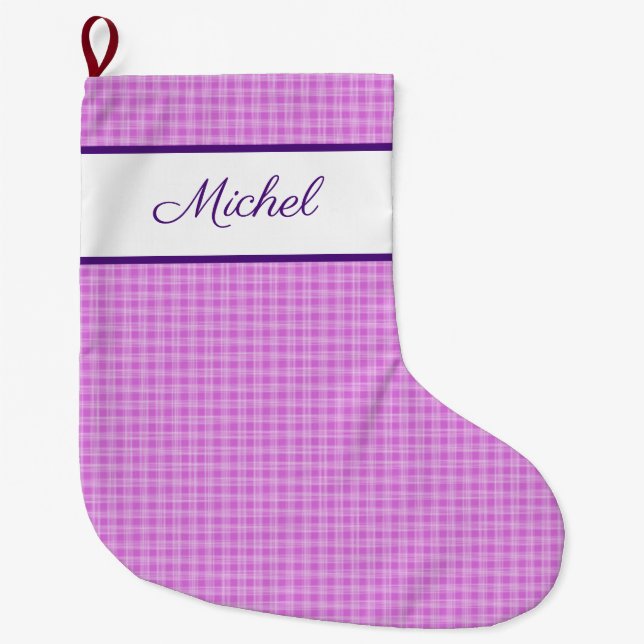 Grande Chaussette De Noël Rustic Plaid motif lavender nom personnalisé (Devant)