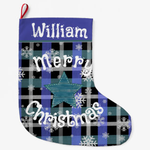 Grande Chaussette De Noël Rustique vert et bleu plaid