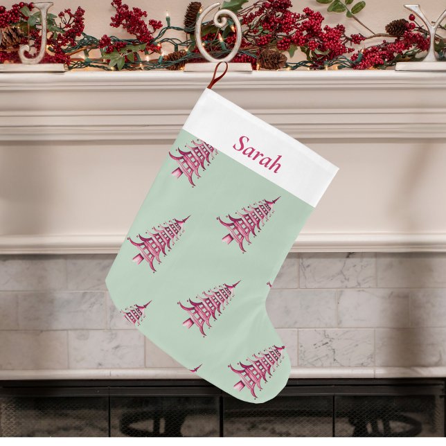 Grande Chaussette De Noël Sage rouge Pagode Arbre motif (Sage red Christmas Pagoda Tree pattern Large Christmas Stocking)