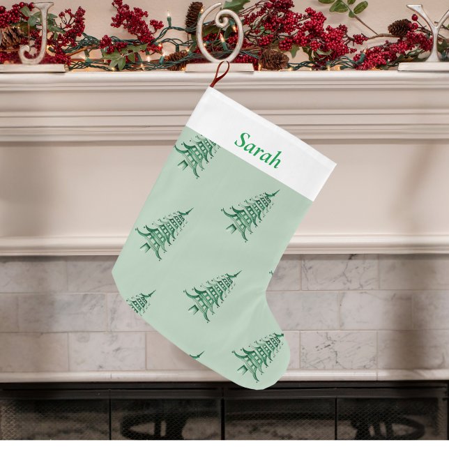 Grande Chaussette De Noël Sage vertNoël Pagode Arbre motif (Sage green Christmas Pagoda Tree pattern Large Christmas Stocking)