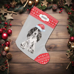 Grande Chaussette De Noël Santa Hat Cocker Spaniel Snowflake Frontière