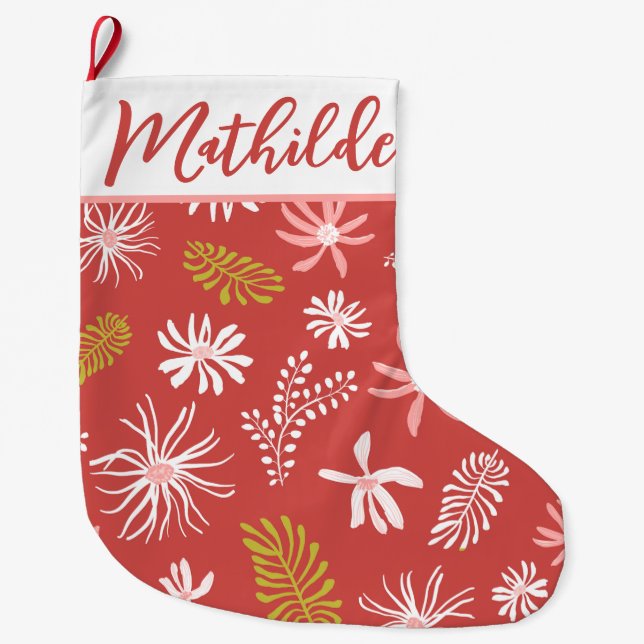 Grande Chaussette De Noël Script de calligraphie florale rouge et rose (Devant)