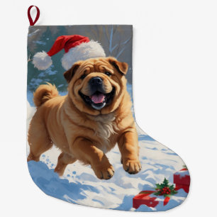 Grande Chaussette De Noël Shar Pei courant dans la neige avec un chapeau de 