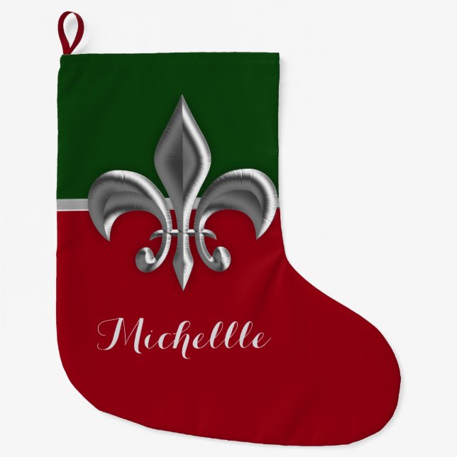Grande Chaussette De Noël Silver Fleur de Lis Christmas (Devant)