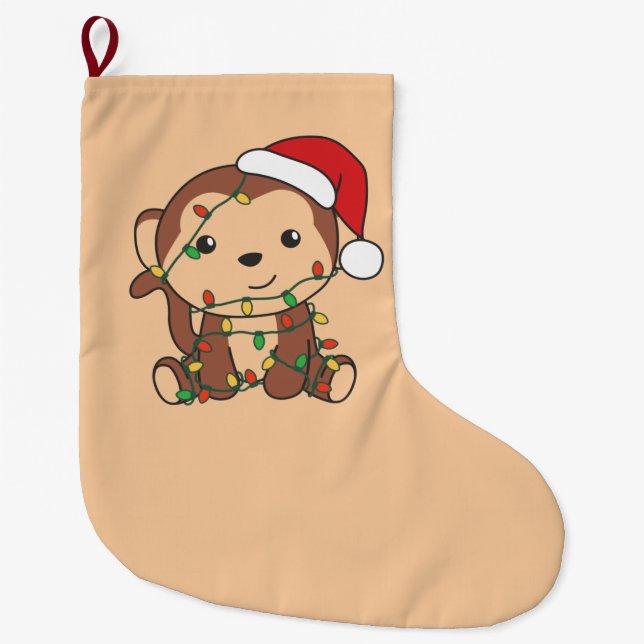 Grande Chaussette De Noël Singe Noël Animaux d'hiver Singes Grand Chri (Devant)
