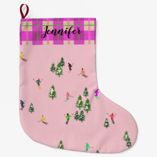 Grande Chaussette De Noël Skieurs roses Ski d'ouverture Noël Ski de vacances