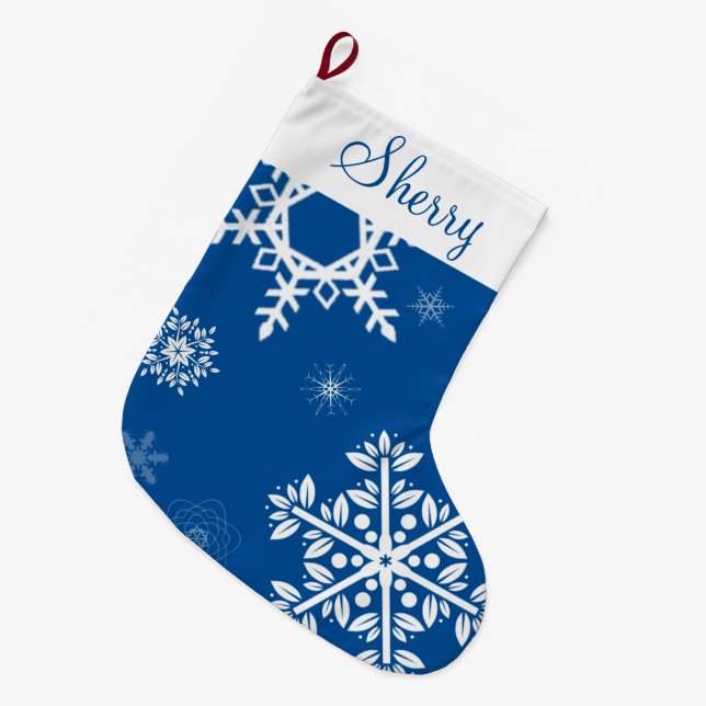 Grande Chaussette De Noël Snowflakes Bleu Noël Stocker (Devant (Accrochage))