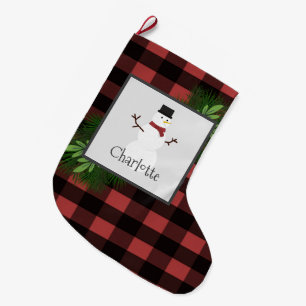 Grande Chaussette De Noël Snowman Red Buffalo Plaid Stocker