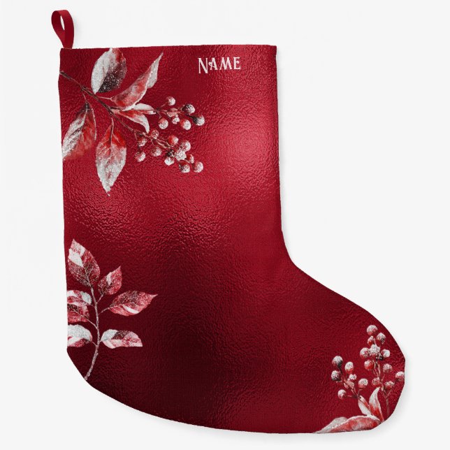 Grande Chaussette De Noël Snowy Red Feuilles Noël vacances Stocker (Devant)