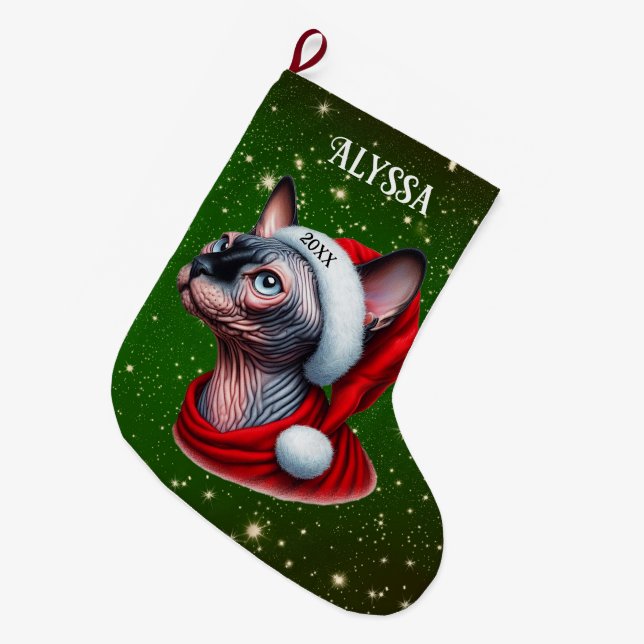 Grande Chaussette De Noël Sphynx Chat Pretty Green Noël (Devant (Accrochage))