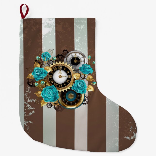 Grande Chaussette De Noël Steampunk Clock and Turquoise Roses on Striped (Devant)