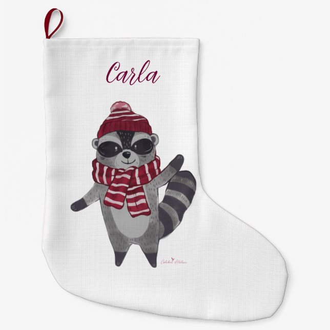 Grande Chaussette De Noël Stockage de Noël personnalisé avec Racoon (Devant)