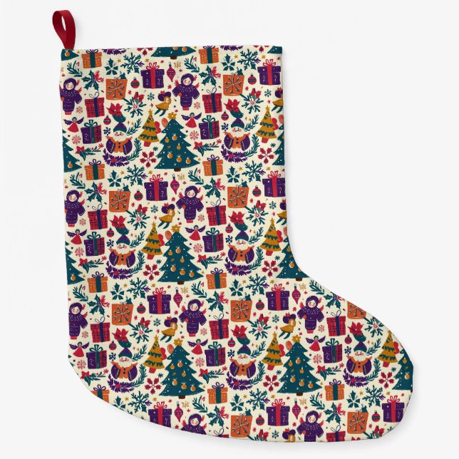 Grande Chaussette De Noël Stockage de Noël primitif, Art populaire ange (Devant)