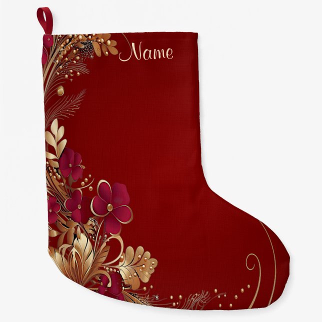 Grande Chaussette De Noël Stocker Floral Or Rouge (Devant)
