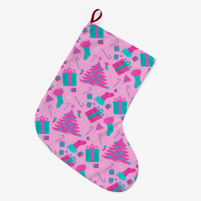 Grande Chaussette De Noël Sucre de canne de stockage de Noël rose présente (Devant (Accrochage))