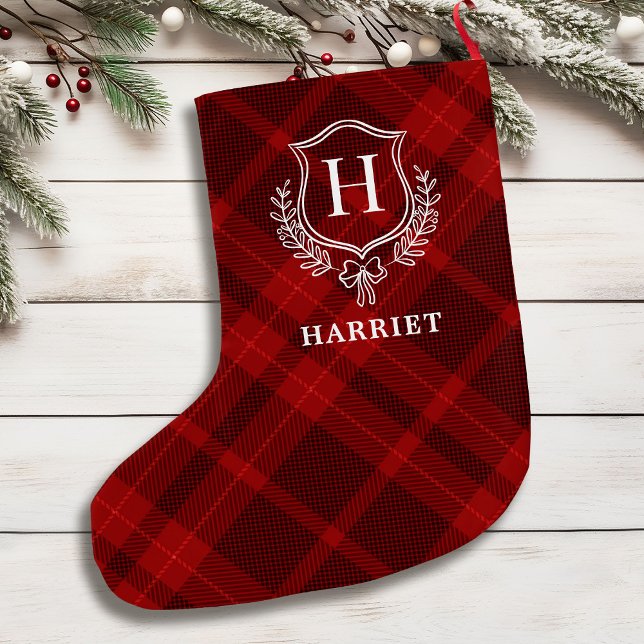 Grande Chaussette De Noël Tartan initial du monogramme rouge (Créateur téléchargé)