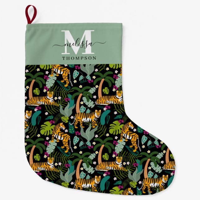 Grande Chaussette De Noël Tigre tropical Noir Botanique Jungle Safari Nom (Devant)