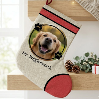 Grande Chaussette De Noël Tirage photo en toile de jute rouge avec empreinte