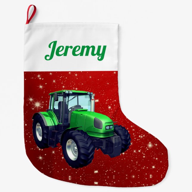 Grande Chaussette De Noël Tracteur vert moderne en rouge (Devant)