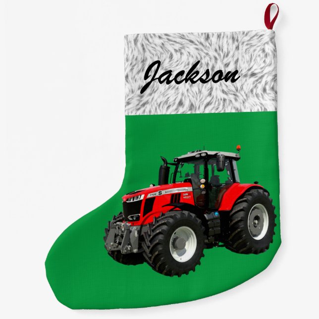 Grande Chaussette De Noël Tracteur vert moderne personnalisé (Dos)