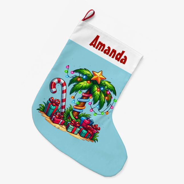 Grande Chaussette De Noël Tropical Christmas Holiday Palm Tree (Devant (Accrochage))