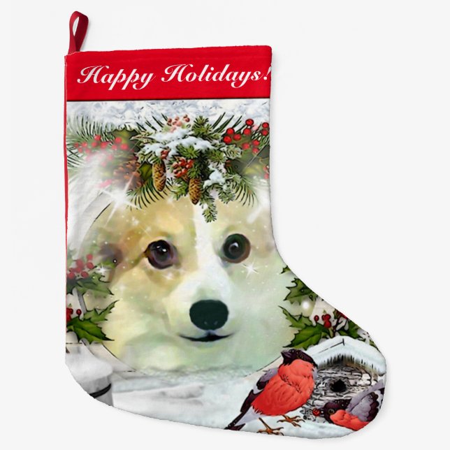 Grande Chaussette De Noël Vacances de corgi d'hiver (Devant)