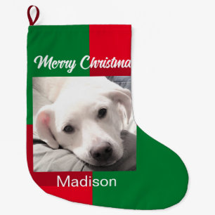 Grande Chaussette De Noël Vacances photo de chien mignon rouge et vert