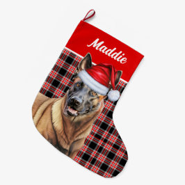 Grande Chaussette De Noël Vacances Rouge Malinois Belge avec le nom du chien