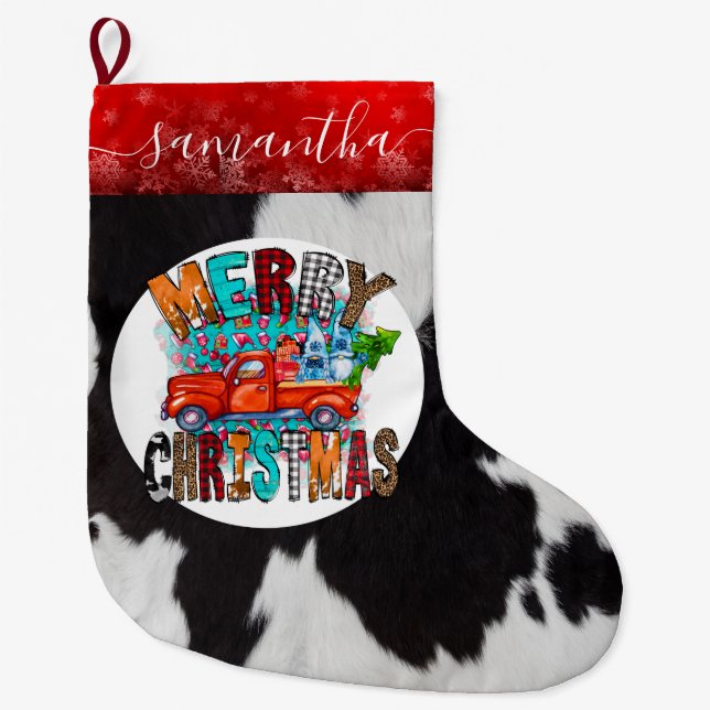 Grande Chaussette De Noël Vache cacher noir blanc Noël Stocker (Devant)