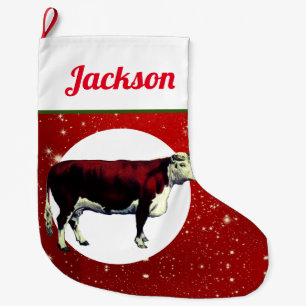 Grande Chaussette De Noël Vache Hereford vintage sur Starry Red