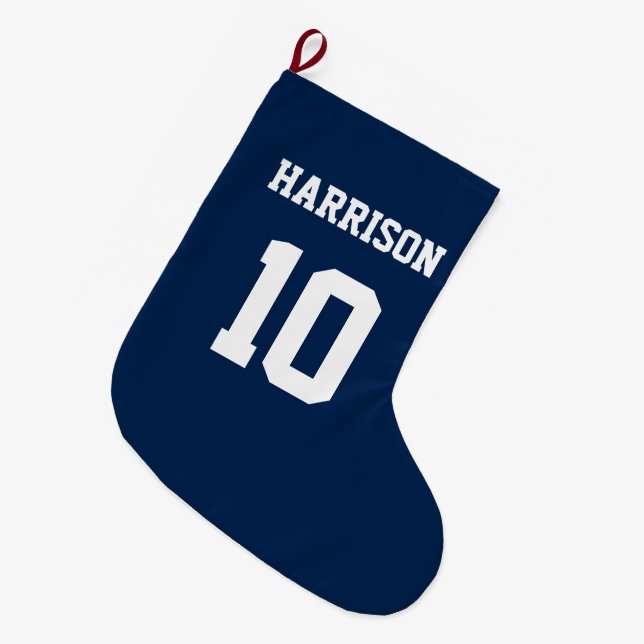 Grande Chaussette De Noël Varsity sports marine bleu et blanc nom (Devant (Accrochage))