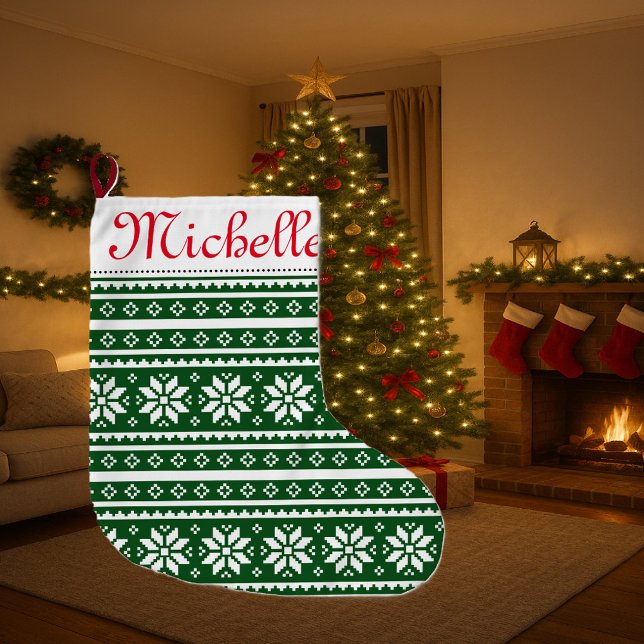 Grande Chaussette De Noël Vilain pull de Noël motif bas de Noël (Christmas stocking with snowflake pattern and custom name)