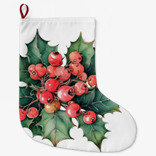 Grande Chaussette De Noël Vintage aquarelle sainte baies feuilles