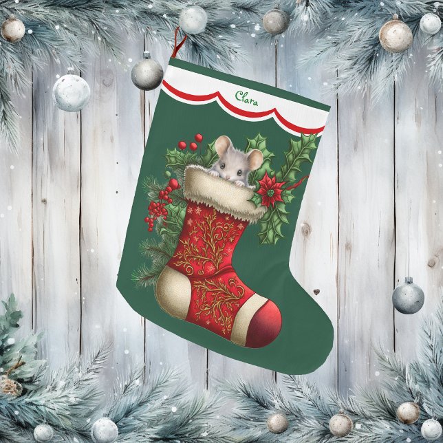 Grande Chaussette De Noël Visite de la souris gris mignonne (Créateur téléchargé)