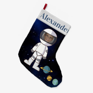 Grande Chaussette De Noël Votre nom et photo Astronaut Espace extra-atmosphé