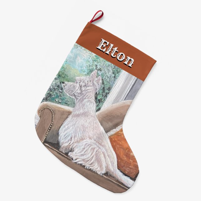 Grande Chaussette De Noël Westie regardant par une fenêtre (Devant (Accrochage))