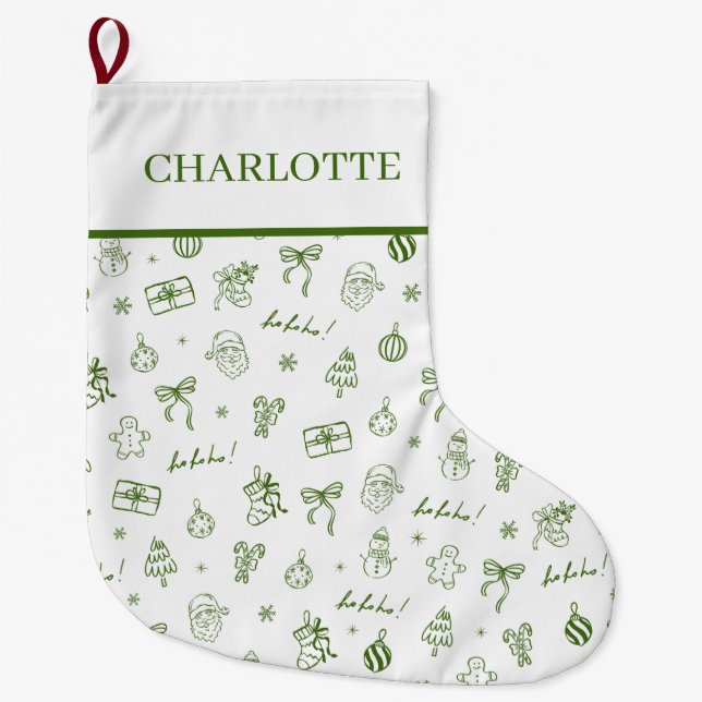 Grande Chaussette De Noël Whimsical Hand Drawn Doodle Green (Devant)