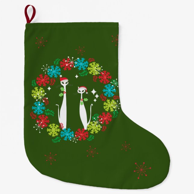 Grande Chaussette De Noël Wreath Cool moderne rétro du milieu du siècle (Devant)