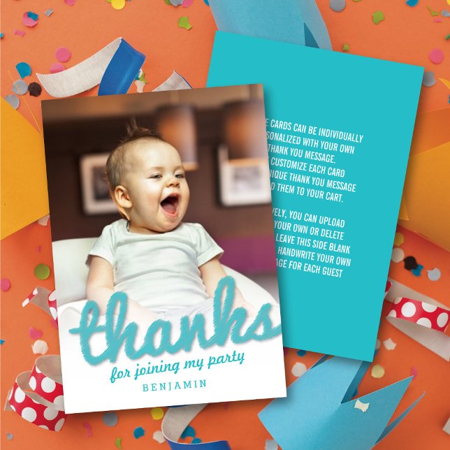 Grande esquisse Merci Gras Script Enfant Anniversa (Big Sketch Blue 'Thanks' Bold Script Kid's Birthday Photo Thank You Note Card @zazzle.com/fat_fa_tin)
