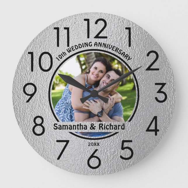 Grande Horloge Ronde 10ème Mariage Tin Anniversaire Couple Nom Photo (Recto)