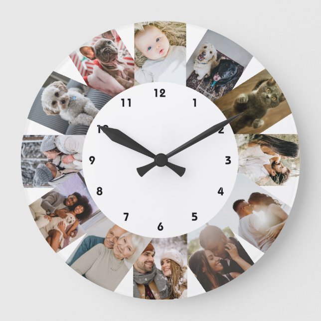 Grande Horloge Ronde 12 Photo Collage Personalized Black White (Recto)