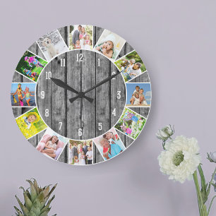 Grande Horloge Ronde 12 photos personnalisées Collage Gris Wood Round