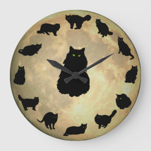 Grande Horloge Ronde 13 chats chanceux et la lune