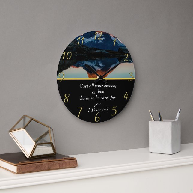 Grande Horloge Ronde 1 Pierre 5:7 Foi chrétienne moutain lac (Bureau)