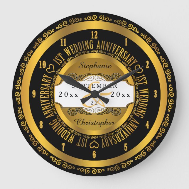 Grande Horloge Ronde 1er anniversaire Mariage d'Elégant noir et or (Recto)