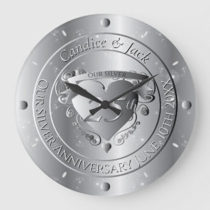 Grande Horloge Ronde 25e Anniversaire de Mariage Cœur Argenté