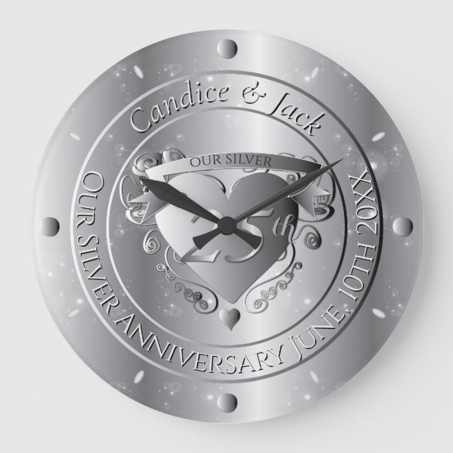 Grande Horloge Ronde 25e anniversaire de mariage Cœur argenté (Recto)