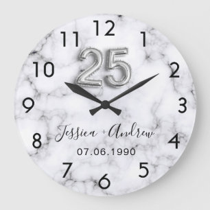 Grande Horloge Ronde 25e anniversaire de mariage en marbre argenté