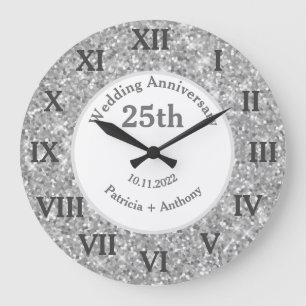 Grande Horloge Ronde 25e Anniversaire de Mariage Glitter Glam 