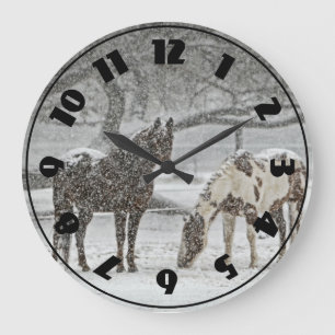 Grande Horloge Ronde 2 Horses Outside en hiver